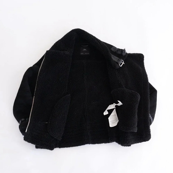 Zara Black Faux Shearling Bomber  Moto Jacket Small - Picture 16 of 16